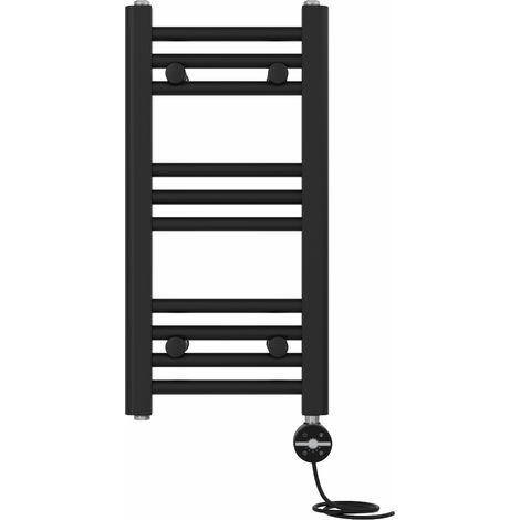 NRG Prefilled Thermostatic Electric Straight Heated Towel Rail Radiator 600 X 300mm Black (1/5)
