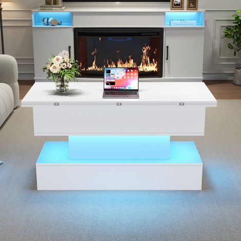 Table basse relevable blanche 100x50x51,5 cm avec prise intégrée, ports USB-C et USB, éclairage LED, hauteur réglable, meuble d'appoint multifonctionnel avec rangement, idéale pour salon et salle à ma (1/5)