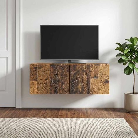 Meuble TV mural 2 portes en bois d’ingénierie, bois ancien, 98 x 31 x 30 cm, 15.5kg - PANGIVO (1/5)