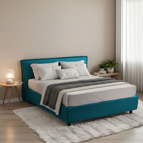 Cama Doble Bruzolo, Cama Matrimonial con Colchón Incluido, Desenfundable, Hecho en Italia, con Almacenamiento, Azul (1/5)