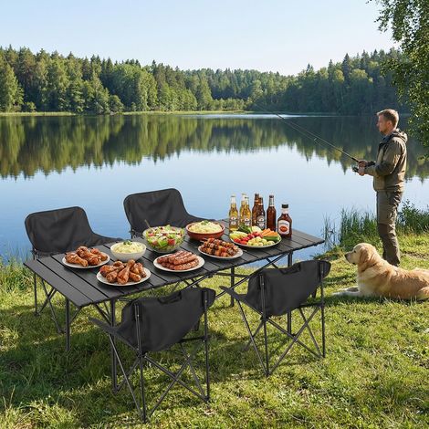 WILITTO  Ensemble Table et 4 Chaises de Camping Pliable en Acier - Noir, avec Sacs de Rangement, Léger, Portable, pour Pique-Nique et Voyage (1/5)