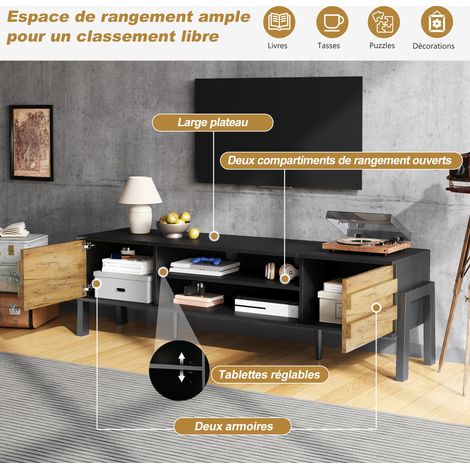 Meuble TV 175 x 39,5 x 53 cm, meuble bas TV, console TV avec 2 armoires et espace de rangement ouvert, table TV, support TV, meuble de salon, adapté aux téléviseurs jusqu’à 70 pouces (1/5)