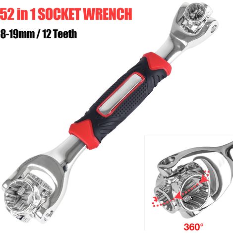 Clé rotative double 52 en 1, douille multifonction dentée, outil de clé métrique/impérial à 360 degrés (1/4)