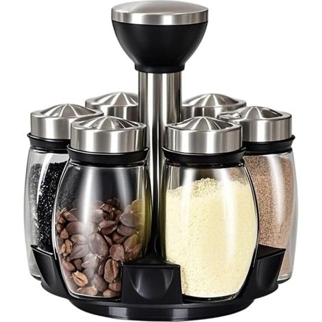Porte-Épices - Support Rotatif 360° en Acier Inoxydable - 6 Bocaux en Verre - Pour Cuisine et Salle à Manger - Ensemble de 6 Pièces (1/5)