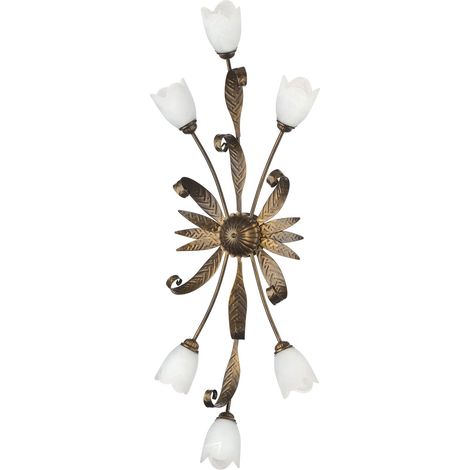Plafonnier ovale 6 lumières en métal marron avec nuances dorées et verres blancs satinés (1/5)
