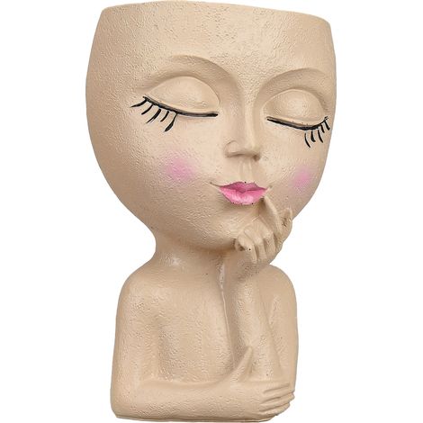 Pot de fleurs décoratif en résine visage féminin style moderne marron clair design artistique original pour intérieur extérieur (1/5)