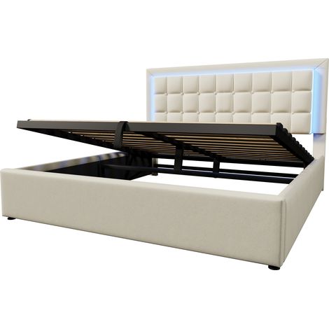 Letto contenitore matrimoniale 180x200 cm in PU bianco con LED e rete a doghe MODENUIT (1/5)