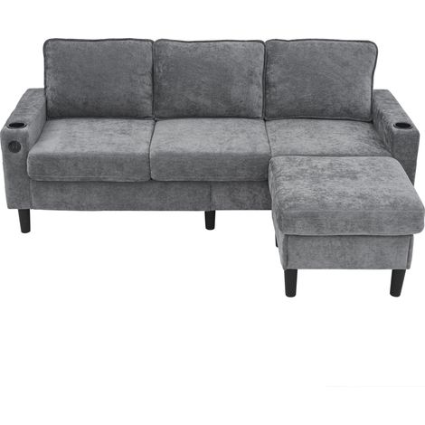 Divano Angolare Reversibile 3 Posti in Lino con Pouf Mobile, 2 Portabicchieri, 2 Porte USB e Type-C, Grigio (1/5)
