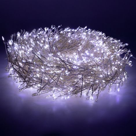 LUCCIKA Home stringa minicluster 10 mt catena  9,5 cm 1000 luci microled per albero di Natale  1.5 mm bianco ghiaccio 31V con 8 giochi di luce cavo in metallo silver IP44 per uso esterno interno Bianc