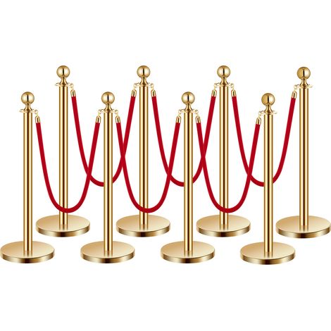 VEVOR Poteau de guidage, 8 pcs, barriere de balisage pour controle de foules, avec base creuse, 6 cordes velours rouge et poteaux dores en acier inoxydable, pour file deattente en public, hotel, fete