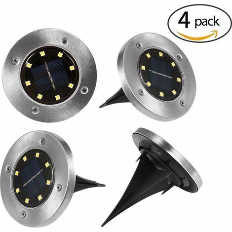 blancs Lampe solaire sur pied à disque 8 LED de jardin IP65 Lampes solaires d'extérieur Lot de 4 (1/4)