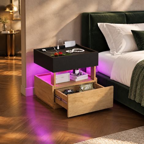 Comodino intelligente con ricarica wireless, USB e LED, 2 cassetti, nero e legno OKMYHOME (1/5)
