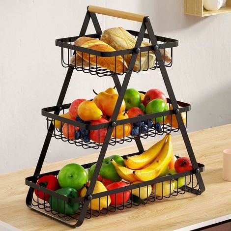 TrAdE Shop Traesio - Cestino Porta Frutta Rettangolare A 3 Ripiani Con Manico Legno Decorazione Cucina Casa - (1/5)