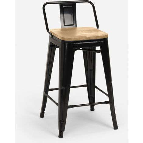 sgabello bar cucina industriale h61cm schienale top legno steel wood top light - Nero (1/5)