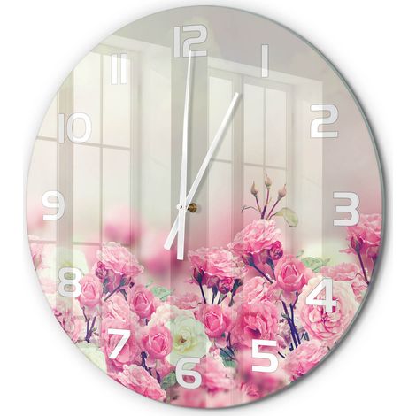 Horloge Murale Ronde Objet Décoratif en Verre Silencieuse pour Salon Fleurs de rosier sauvage fi 60 cm