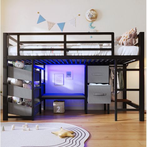 90200 cm, Halbhohes Bett, mit Sitzkissen, Stoff-Stauraumschublade, Stoff-Stauraumtasche, mehrfarbiger LED-Beleuchtung, Kleiderhakenbereich, Metall, ohne Matratze, schwarz (1/5)