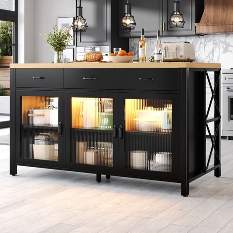 Carrito de cocina con 3 cajones, 3 puertas de cristal y LED, negro, 150x80x90 cm (1/5)