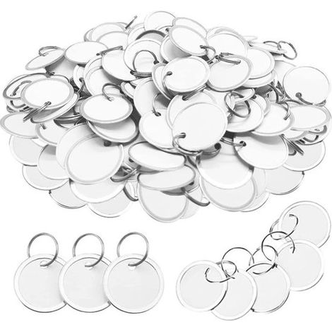 180 pezzi di etichette con bordo metallico, portachiavi, etichette rotonde di carta con anelli metallici per chiavi auto e chiavi di casa, bianche (1/5)