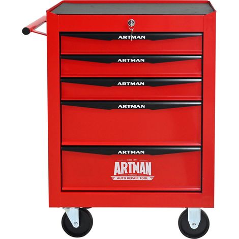 Coffre à outils métallique à roulettes avec 5 tiroirs, armoire à outils pliable en 5 parties avec glissières à billes, organisateur de rangement d'outils en acier - rouge et noir
