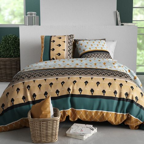 Parure housse de couette 260x240cm + 2 taies motif art-déco noir vert et jaune 100% coton - PEIO (1/4)