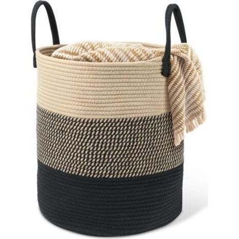 Panier à linge tressé en coton - 45 l - Avec anse - Panier à linge tressé - Panier de rangement pour chambre d'enfant, salle de bain - 35 x 40 cm - Beige et noir