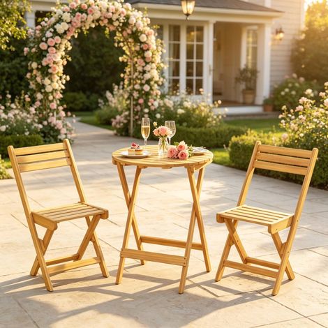 Set bistrot pieghevole 60x75 cm in legno naturale salvaspazio da giardino FloraGrace (1/5)