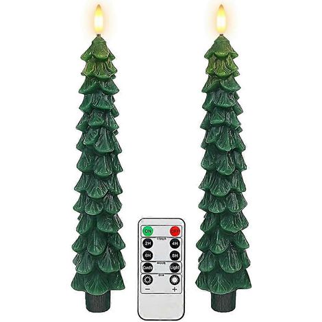 Weihnachtskerzen mit Fernbedienung und Timer, 2 batteriebetriebene, flammenlose LED-Stabkerzen, grüne Wachs-Weihnachtskerzenhalter (1/5)