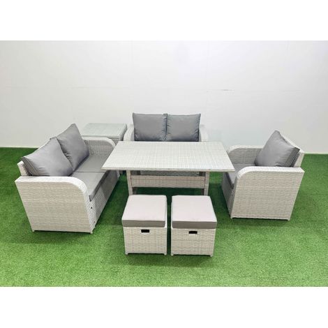 Fimous High Back Poly Rattan Garden Furniture Set with Reclining Chair Loveseat Sofa Rectangular Dining Table Indoor Outdoor Patio  Set 2 Stool Side Table Light Grey (1/5)