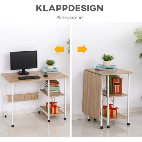 Escritorio plegable (107x55x76 cm), multifuncional, con ruedas con freno, estructura de madera, blanco (1/5)