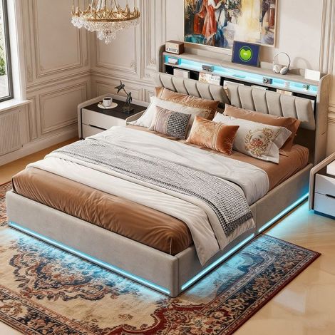 Bett mit Stauraum 140x190 - XLCW - Graues Velours - Integrierte LED & USB - Lattenrost + Stauraum (1/5)