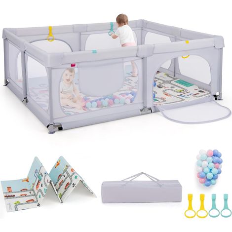 COSTWAY Grand Parc pour Bébé avec 50 Balles Océaniques, Clôture pour Tout-Petits avec 4 Anneaux à Main, Centre d'Activités pour Bébé avec Tapis Pliable, 189 x 158 x 68 CM (Gris Clair) (1/5)