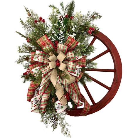 Roue De Charrette - Guirlande Décorative Pour Porte D'Entrée - Extérieur Intérieur - 40x40 Cm - Bois Et Plastique - Rouge - 1 Pièce (1/5)