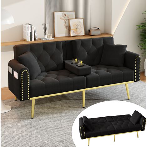 Sofá cama de 175x80x73.5 cm, convertible en cama, respaldo ajustable, con portavasos, terciopelo negro (1/5)