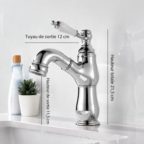 Mitigeur de lavabo rétro en cuivre argenté avec douchette extractible et poignée céramique, eau chaude et froide 2 kg – Livraison gratuite