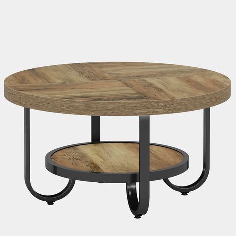 CHICFURN Mesa de centro redonda 79x79 cm MDF madera marrón y metal negro, 2 niveles (1/5)