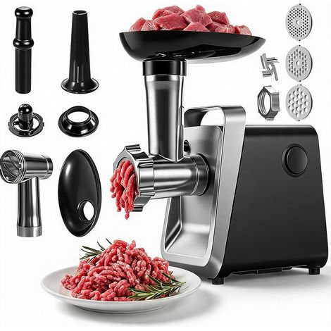 Hachoir à viande électrique 1000 W max, hachoir électrique avec 3 lames, poussoir à saucisses et kit Kubbe pour viande hachée, saucisses (1/5)