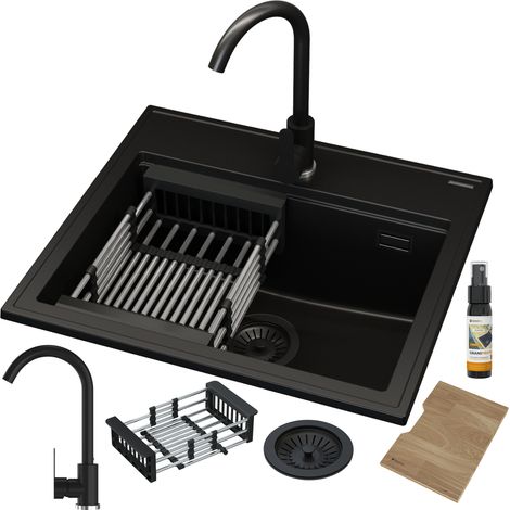 Évier de Cuisine en Granit FOXAL Noir avec Siphon Doré, Robinet et Égouttoir 1 set (1/5)