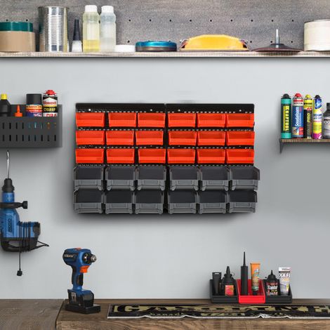 Porte-outils mural avec 30 bacs réglables et amovibles. PP. Rouge, gris, noir. 37,5 x 18 x 63 cm.