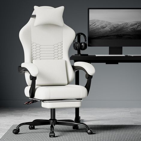Chaise de bureau gaming en tissu, chaise gaming massante avec appui-tête, siège gaming ergonomique de type course avec repose-pieds (blanc)