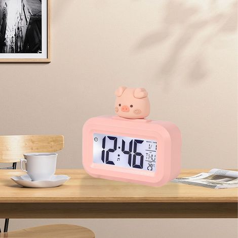 Horloge électronique mignonne pour enfants, horloge multifonctionnelle pour écoliers avec affichage LED de la température et de l'humidité, motif cochon rose (1/4)