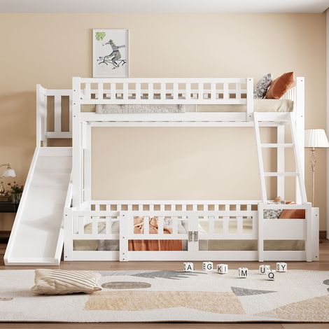 Lit superposé pin blanc 90x200 + 140x200 cm, toboggan, escaliers, rambarde, conforme EN747, étagères multiples, porte coulissante, sans matelas