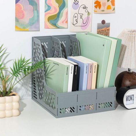 Beyamis Organiseur de bureau à 3 compartiments avec serre-livres, trieur de documents en plastique, support de rangement pour fournitures de bureau, gris (1/4)