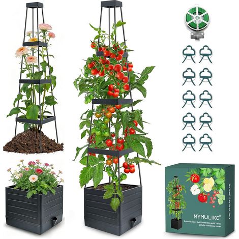 Obélisque avec jardinière - Lot de 1 tuteur pour Plantes d'intérieur - avec jardinière - Support de Plantes en métal - Jardinière surélevée en Plastique - Noir (1/5)
