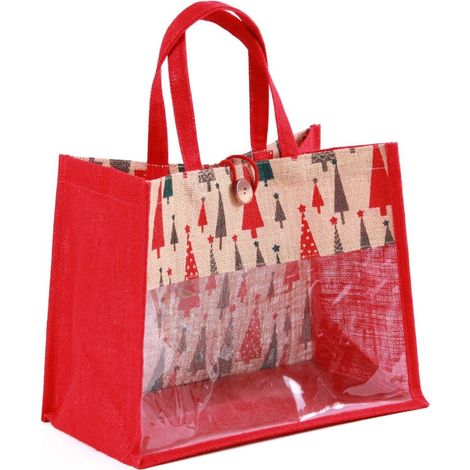 Borsina in juta rossa natalizia con finestra, 33x20H27 cm (kit da 5) (1/4)