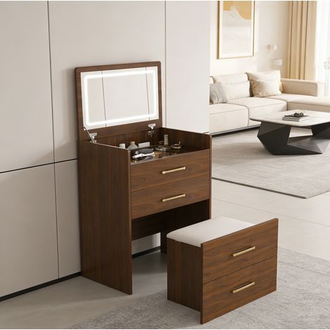 Tocatore 3 in 1 con specchio apribile, piano in vetro, 3 cassetti, 60 x 40 x 118 cm DESVIAE (1/5)