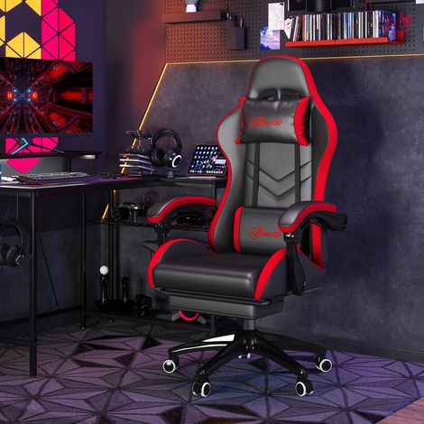 Noir Rouge - Chaise de jeu en cuir synthétique inclinable appuie-tête ainsi que repose-pieds à 135° 65x65x121-129cm et