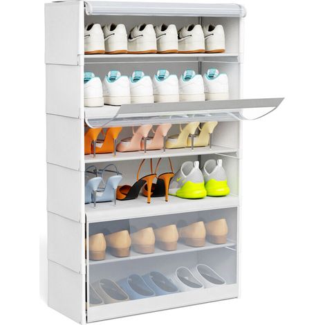 Armoire à chaussures 6 couches Blanc 105 x 64 x 30 cm – Tubes en Métal + Plastique – Avec porte en PVC translucide – Capacité 18 paires (1/5)
