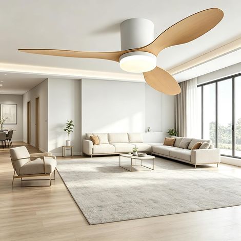 Ventilateur de plafond minimaliste , 6 vitesses, éclairage 3 couleurs, télécommande, minuterie(aspect bois blanc 132 cm) (1/5)