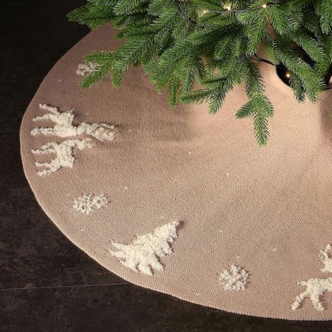 Gestrickter Weihnachtsbaumrock mit 48 Zoll Durchmesser (Beige), Weihnachtsbaumschmuck mit 3D-Rentiermuster (1/5)