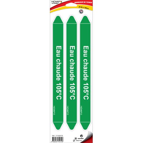 Planche de 3 marqueurs de tuyauterie 355 x 37 mm pour Ø 50 à 70 mm - Eau chaude 105°C - 4704746